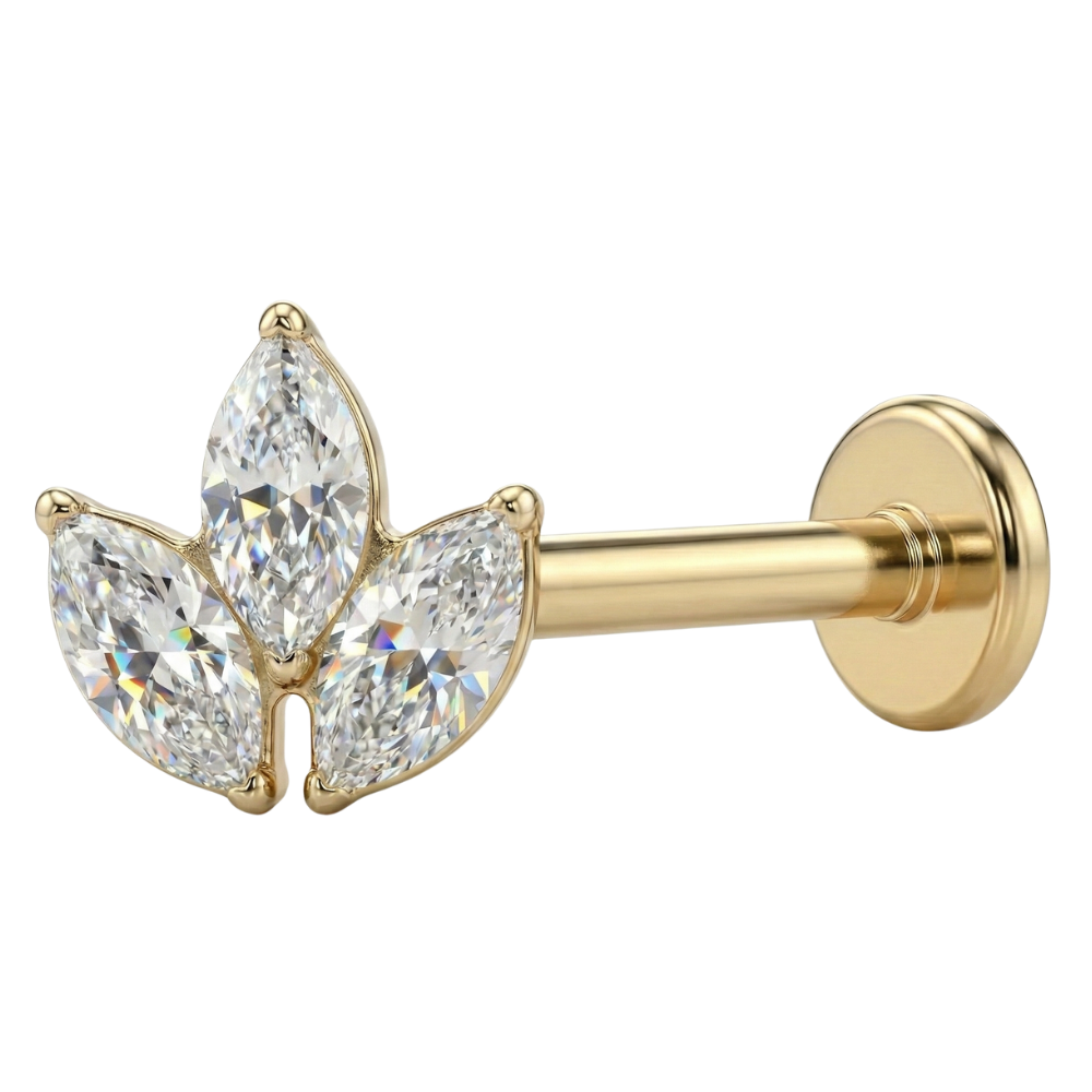 Dekoratives Labret aus Titan – drei Zirkonia-Blätter