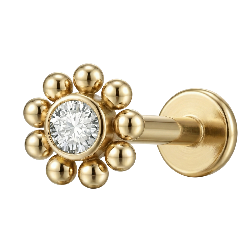 Dekoratives Labret aus Titan – Zirkonblume mit Kugeln