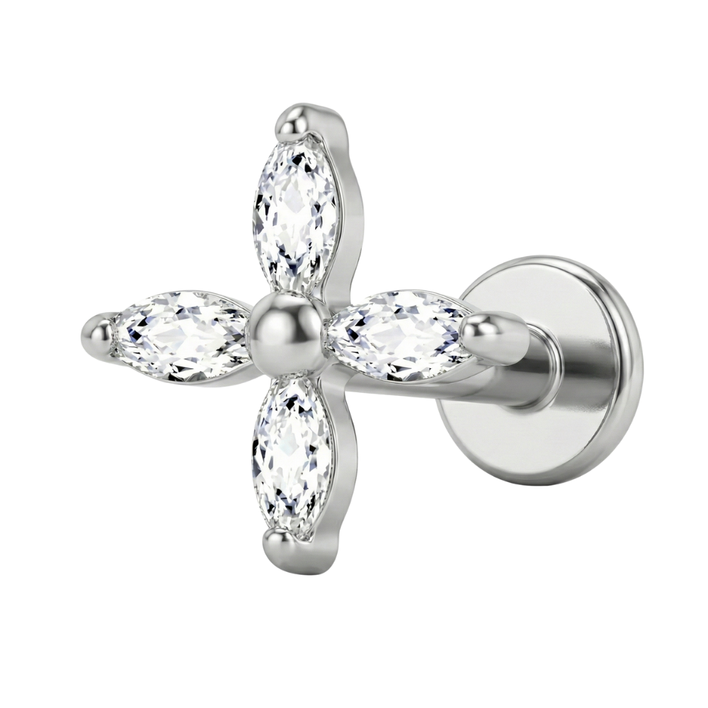 Dekoratives Labret aus Titan – Blume mit Zirkonblättern