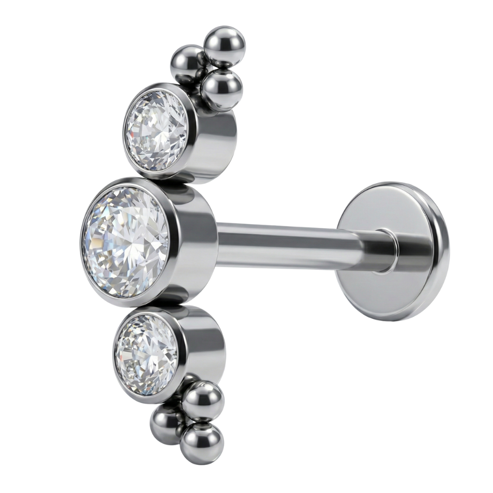 Dekoratives Labret aus Titan – Schleife mit Zirkonen und Kugeln