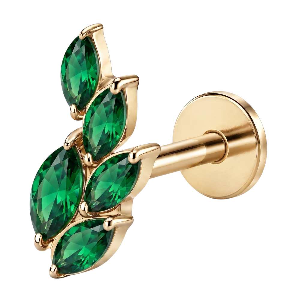 Labret Ozdobny Lisc 5 Cyrkonii zielony zloty