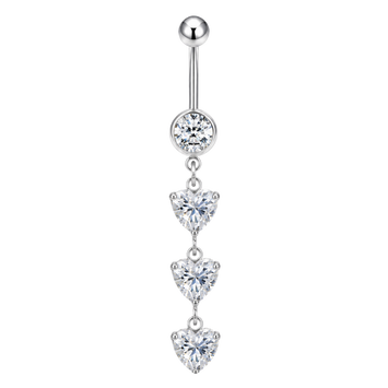 Boucle d'oreille nombril en acier trois zircons en forme de coeur