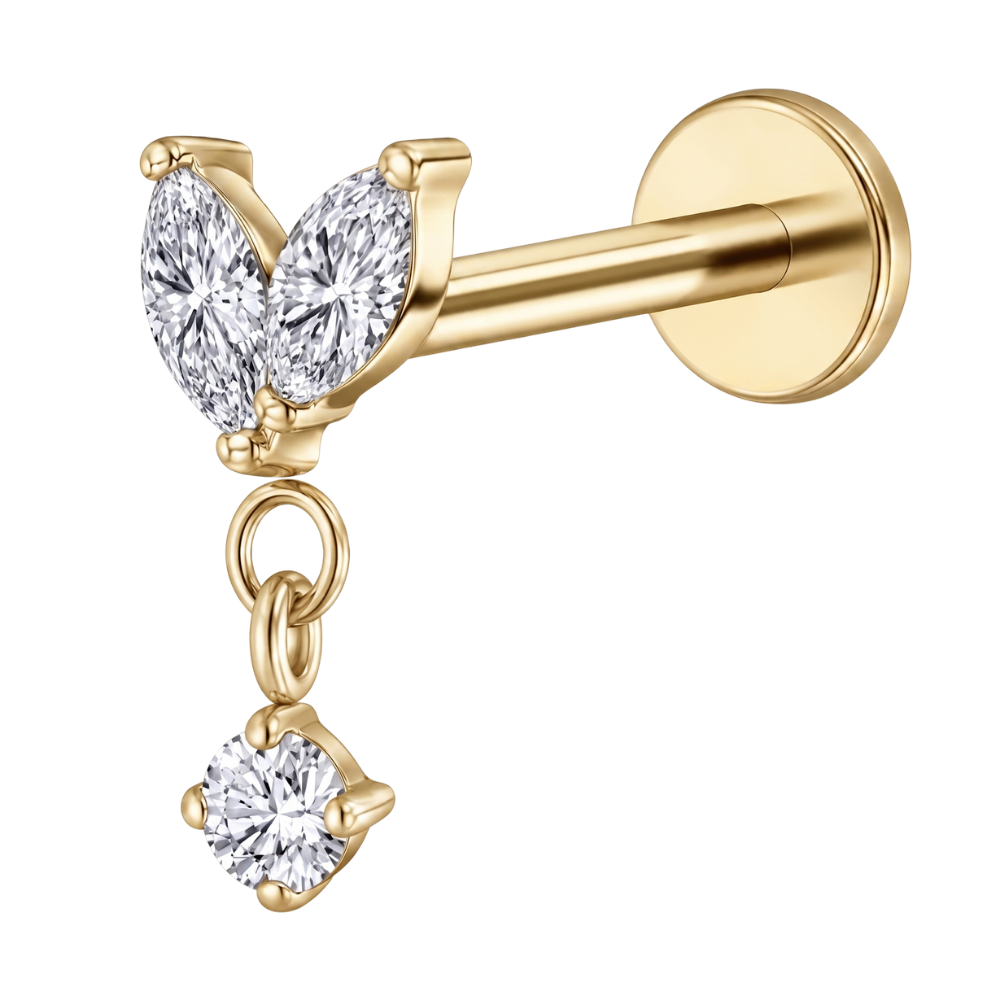 Tytanowy Labret Ozdobny - Dwie Cyrkonie z Zawieszką